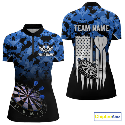 Personalized US Flag Blue Camo Dart Shirts For Women, Patriotic Darts Jersey Team Polo & 1/4 Zip TDM4128