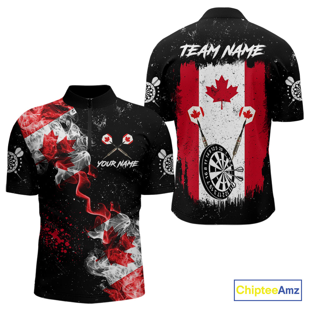 Customized Grunge Canada Flag Smoke Darts Polo & Quarter-Zip Shirt, Patriotic Dart Jersey For Men TDM4129