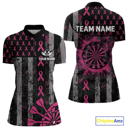 Personalized Grunge US Flag Pink Ribbon Patriotic Darts Shirt For Women, Breast Cancer Darts Jersey TDM4501
