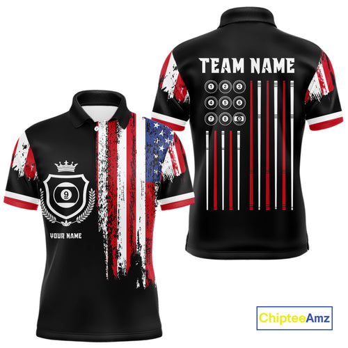 Personalized Grunge American Flag 9 Ball Pool Team Shirt For Men Custom Patriotic Billiard Shirts TDM4733