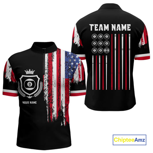 Personalized Grunge American Flag 9 Ball Pool Team Shirt For Men Custom Patriotic Billiard Shirts TDM4733