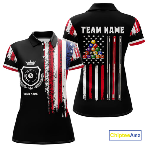 Personalized Grunge American Flag 9 Ball Pool Team Shirt For Women Custom Patriotic Billiard Shirts TDM4734