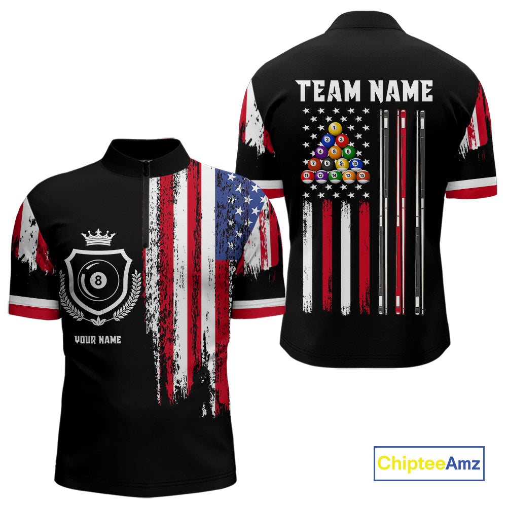Personalized Grunge American Flag 9 Ball Pool Team Shirt For Men Custom Patriotic Billiard Shirts TDM4734