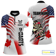 Load image into Gallery viewer, Personalized Women&#39;s Dart Shirts – Funny Canada &amp; US Flag Mix Custom Patriotic Darts Team Jerseys TDM4139