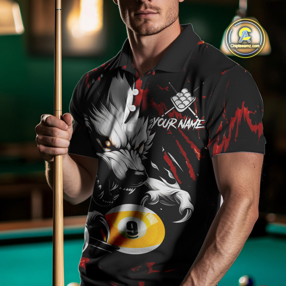 Personalized 9 Ball Pool Wolf Billiard Shirts For Men, Billiard Team Jersey Polo & 1/4 Zip |Red TDM4505