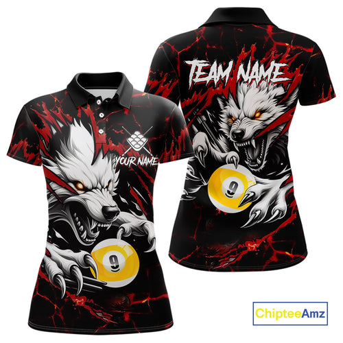 Personalized 9 Ball Pool Wolf Billiard Shirts For Women, Billiard League Jersey Polo & 1/4 Zip |Red TDM4505