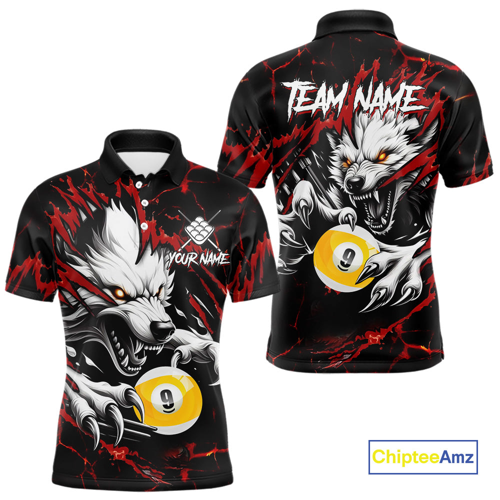Personalized 9 Ball Pool Wolf Billiard Shirts For Men, Billiard League Jersey Polo & 1/4 Zip |Red TDM4505
