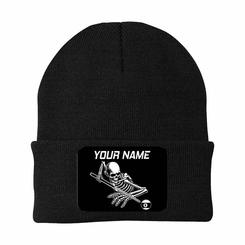 Personalized Skull 9 Ball Billiard Knit Beanie Hat With Rectangle Patch Custom Billiard Knit Cap TDM4941