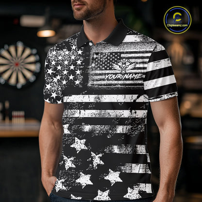 Custom Black Grunge US Flag Patriotic Darts Shirt For Men, Retro Darts Board Darts Team Jerseys TDM3155