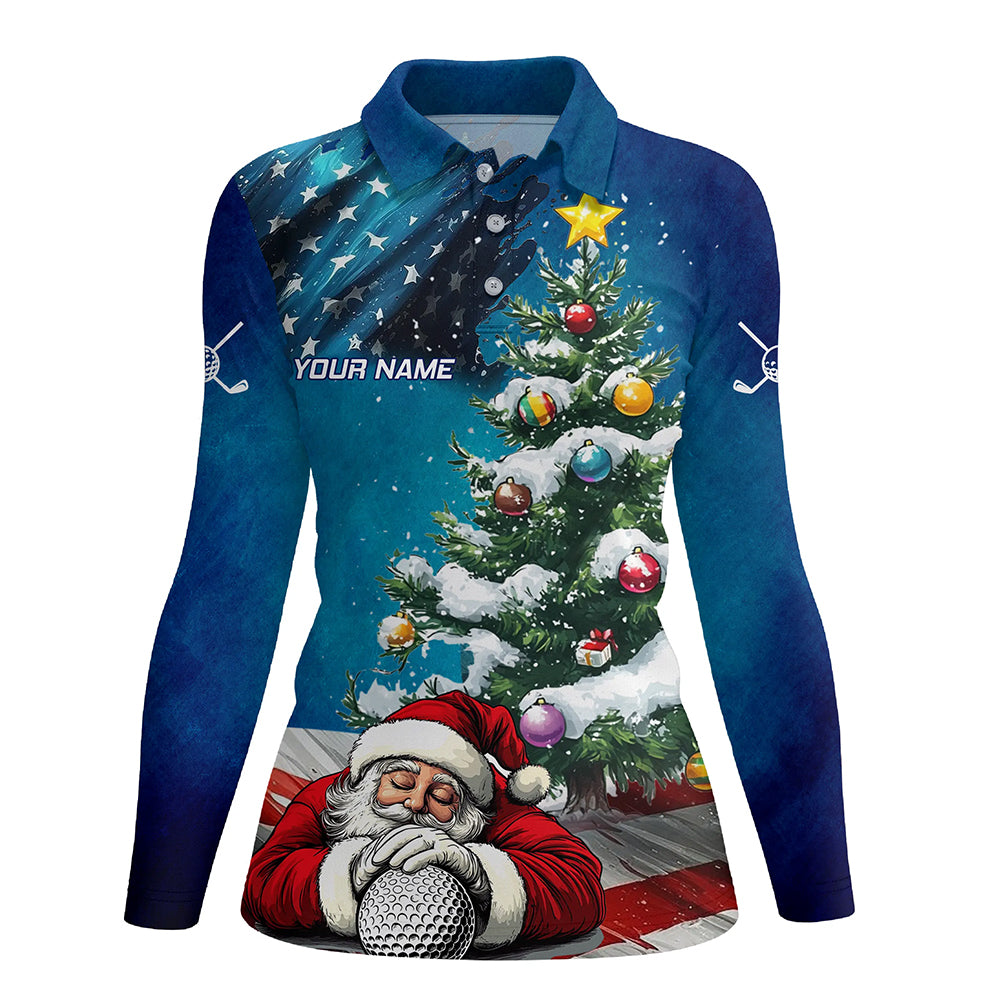 American Flag Christmas Golf Polo Shirts For Women Custom Santa Christmas Pine Tree Funny Golf Shirts TDM3160