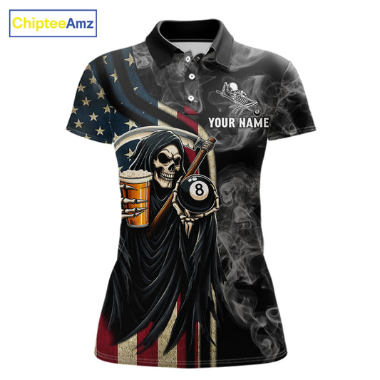 US Flag Grim Reaper Smoke Billiard Shirt For Women Custom 8 Ball Pool Team Jersey Polo & 1/4 Zip TDM6258