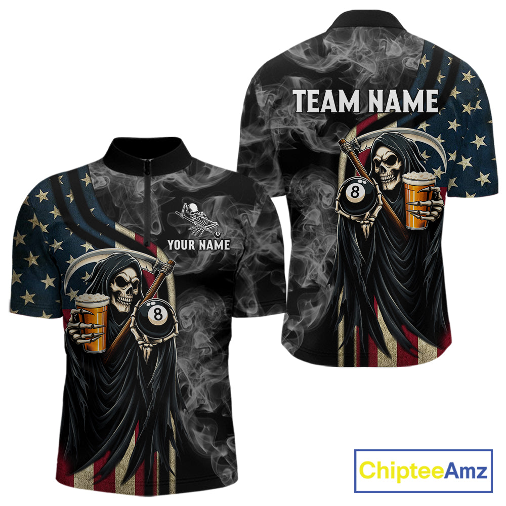 US Flag Grim Reaper Smoke Billiard Shirt For Men Custom 8 Ball Pool Team Jersey Polo & 1/4 Zip TDM6258