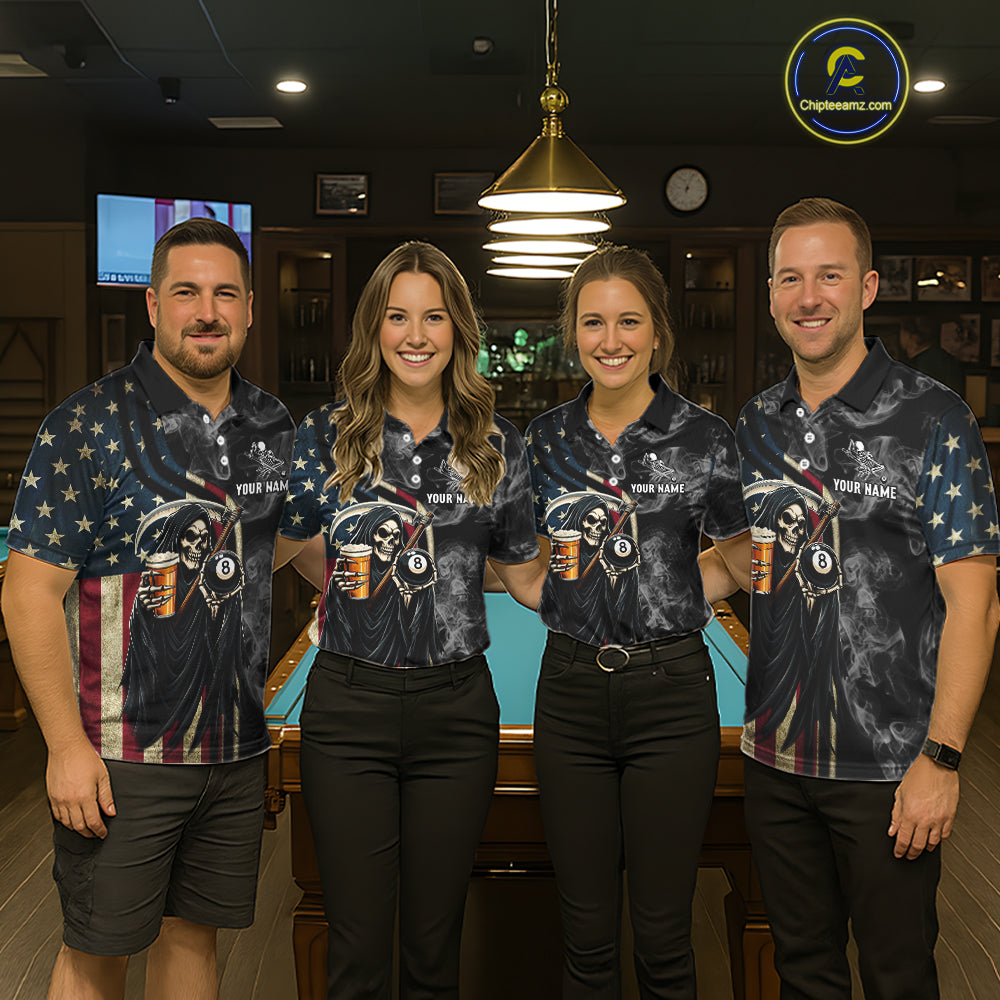 US Flag Grim Reaper Smoke Billiard Shirt For Women Custom 8 Ball Pool Team Jersey Polo & 1/4 Zip TDM6258