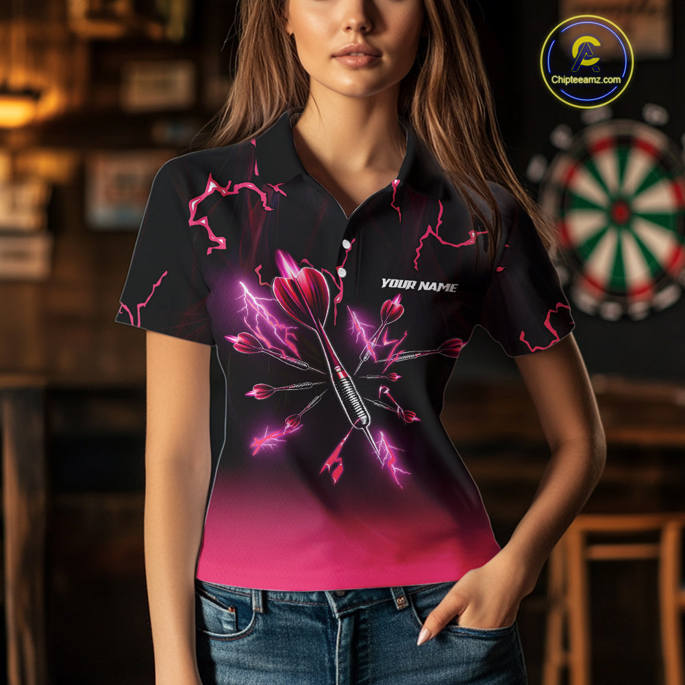Pink And Black Lightning Arrow Custom Dart Shirts For Women| Darts Team Jersey – Polo & Quarter Zip TDM3965