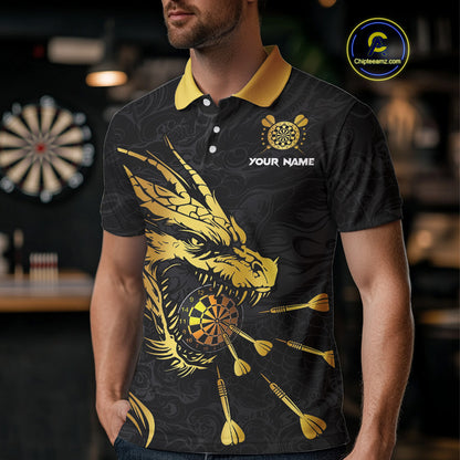 Personalized Black Gold Dragon Dart Shirts For Men Custom Darts League Team Jersey Polo & 1/4 Zip TDM4142