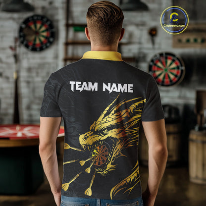 Personalized Black Gold Dragon Dart Shirts For Men Custom Darts League Team Jersey Polo & 1/4 Zip TDM4142