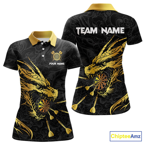 Personalized Black Gold Dragon Dart Shirts For Women Custom Darts League Team Jersey Polo & 1/4 Zip TDM4142