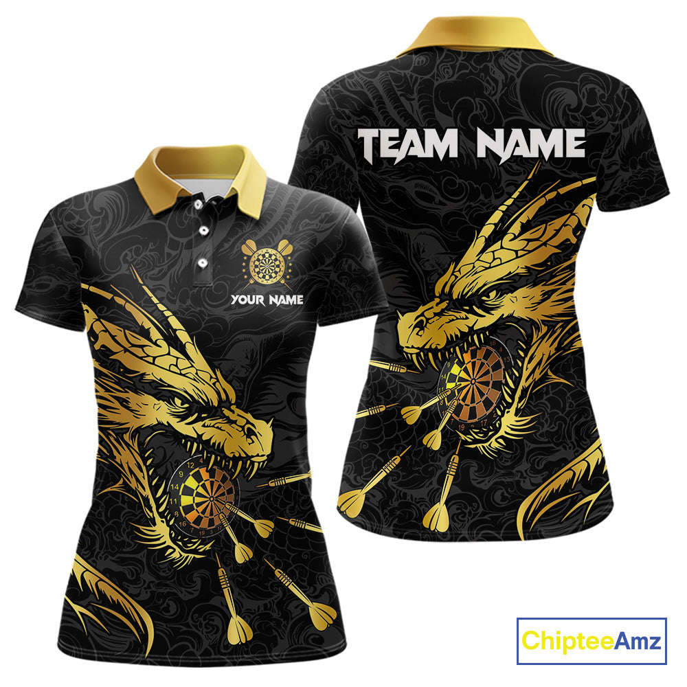 Personalized Black Gold Dragon Dart Shirts For Women Custom Darts League Team Jersey Polo & 1/4 Zip TDM4142