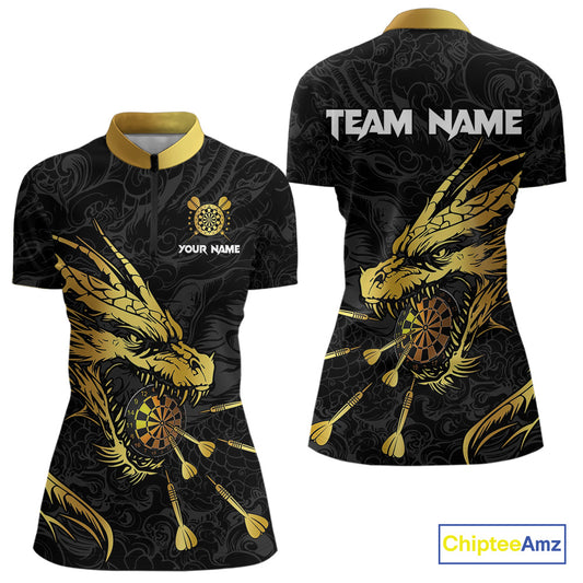 Personalized Black Gold Dragon Dart Shirts For Women Custom Darts League Team Jersey Polo & 1/4 Zip TDM4142