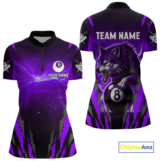 Personalized Thunder Lightning Wolf Billiard Shirt For Women, 8 Ball Billiard Team Jerseys |Purple TDM4521