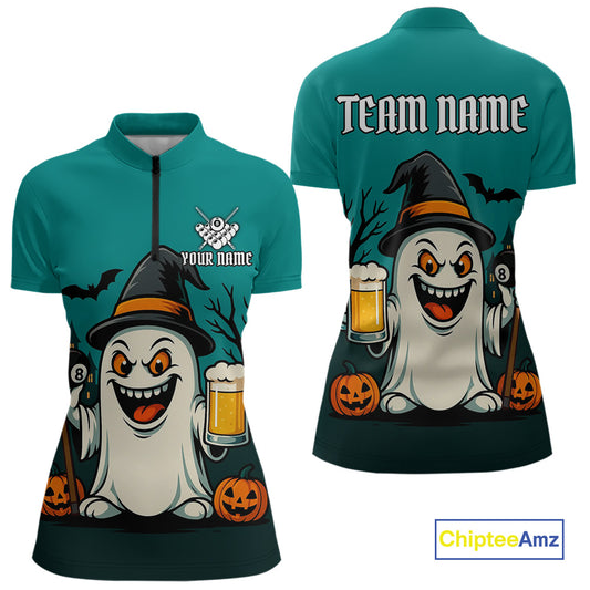 Custom Billiard Shirt Halloween Ghostly Beer Polo & 1/4 Zip For Women, Funny 8 Ball Pool Team Jersey TDM4943