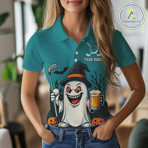 Funny Ghostly Beer Halloween Golf Polo Shirt For Women Custom Halloween Ladies Golf Outfit TDM4944