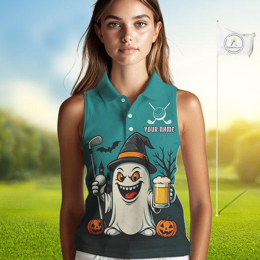 Funny Ghostly Beer Golf Sleeveless Polo Shirt For Women Custom Halloween Ladies Golf Outfit TDM4944