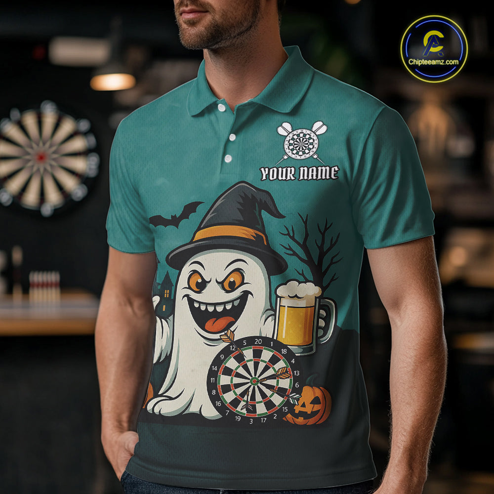 Custom Darts Shirt Halloween Ghostly Beer Polo & 1/4 Zip For Men, Funny Darts Jersey, Darts Gifts TDM4946