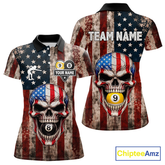 Vintage American Flag Skull 8 Ball 9 Ball Billiard Shirt For Women Custom Patriotic Pool Team Jersey TDM5656