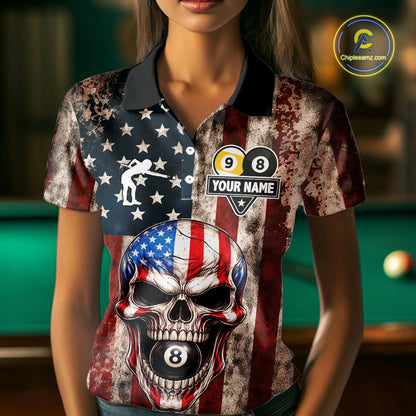 Vintage American Flag Skull 8 Ball 9 Ball Billiard Shirt For Women Custom Patriotic Pool Team Jersey TDM5656