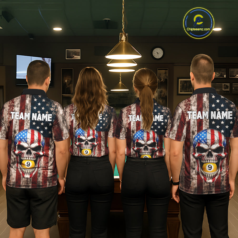 Vintage American Flag Skull 8 Ball 9 Ball Billiard Shirt For Men Custom Patriotic Pool Team Jersey TDM5656