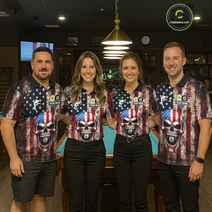 Vintage American Flag Skull 8 Ball 9 Ball Billiard Shirt For Men Custom Patriotic Pool Team Jersey TDM5656