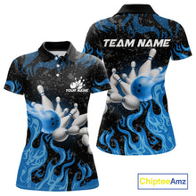 Load image into Gallery viewer, Blue Flaming Bowling Jersey For Women Custom Fire Bowling Pin Team Jersey Polo &amp; Quarter Zip Shirts TDM6267