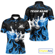 Load image into Gallery viewer, Blue Flaming Bowling Jersey For Men Custom Fire Bowling Pin Team Jersey Polo &amp; Quarter Zip Shirts TDM6267
