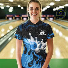 Load image into Gallery viewer, Blue Flaming Bowling Jersey For Women Custom Fire Bowling Pin Team Jersey Polo &amp; Quarter Zip Shirts TDM6267