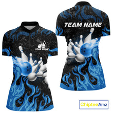 Load image into Gallery viewer, Blue Flaming Bowling Jersey For Women Custom Fire Bowling Pin Team Jersey Polo &amp; Quarter Zip Shirts TDM6267