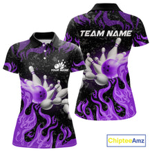 Load image into Gallery viewer, Purple Flaming Bowling Jersey For Women Custom Fire Bowling Pin Team Jersey Polo &amp; Quarter Zip TDM6269