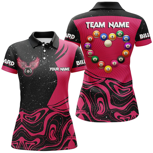 Personalized Funny Billiard Balls Heart Custom Women Polo & Quarter-Zip Shirts, Pink Billiard Jerseys TDM1767