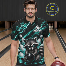 Load image into Gallery viewer, Man wearing a turquoise neon lightning raccoon bowling polo shirt at a bowling alley front view.