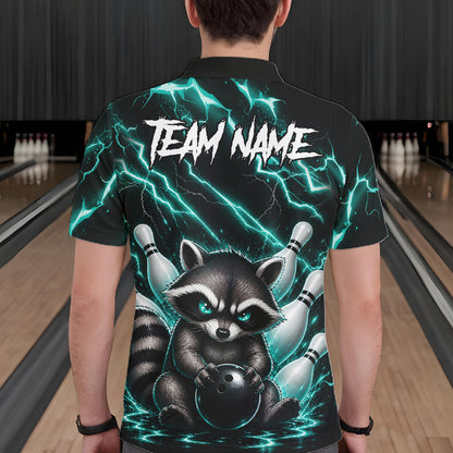 Back view of man wearing a turquoise neon lightning raccoon bowling polo shirt inside a bowling alley.