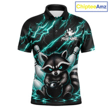 Load image into Gallery viewer, Turquoise neon lightning raccoon bowling polo shirt for men with custom bowling team graphics.