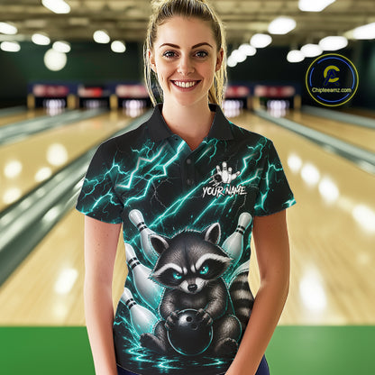Woman wearing a turquoise neon lightning raccoon bowling polo shirt at a bowling alley front view.
