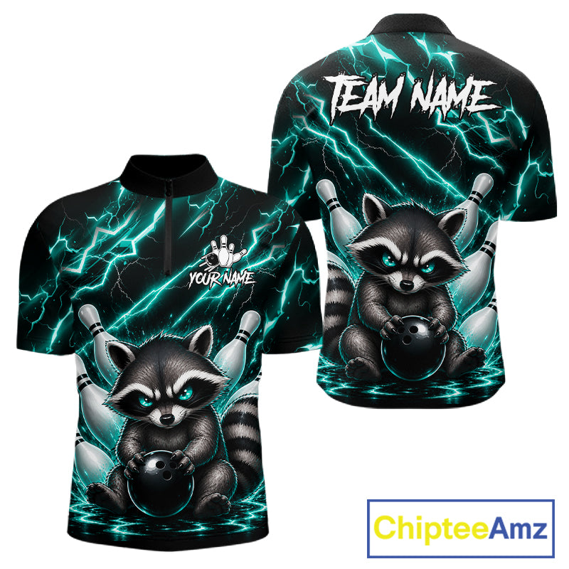 Turquoise neon lightning raccoon bowling quarter zip shirt for men built for league play and tournaments.