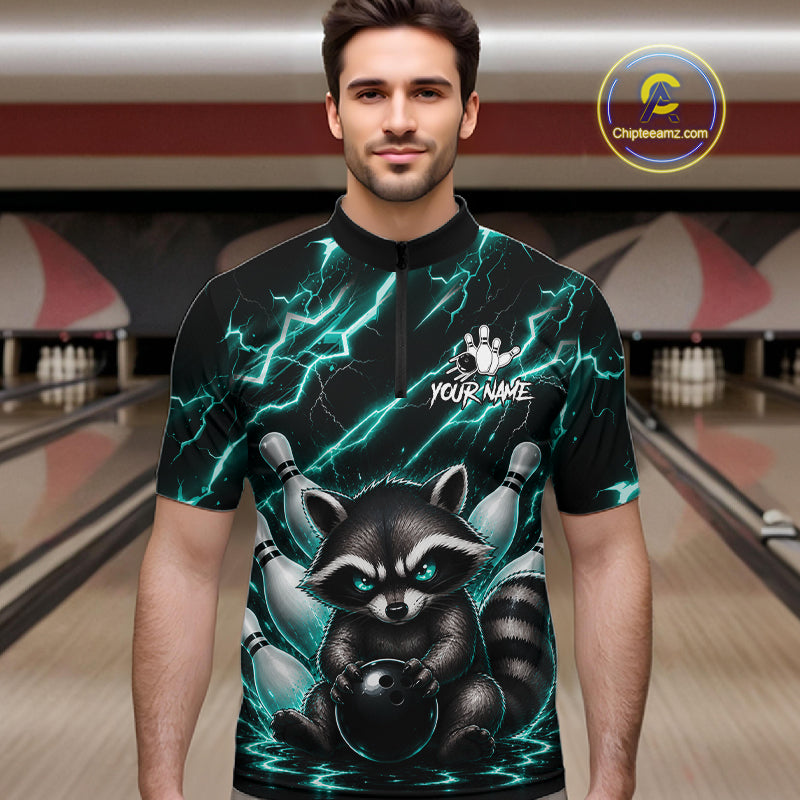 Man wearing a turquoise neon lightning raccoon bowling quarter zip jersey during league competition front view.