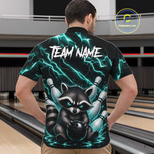 Load image into Gallery viewer, Back view of man wearing a turquoise neon lightning raccoon bowling quarter zip shirt in a bowling alley.