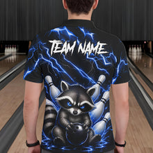 Load image into Gallery viewer, Back view of man wearing a blue neon lightning raccoon bowling polo shirt inside a bowling alley.