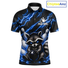 Load image into Gallery viewer, Blue neon lightning raccoon bowling polo shirt for men with custom bowling team graphics.