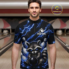 Load image into Gallery viewer, Man wearing a blue neon lightning raccoon bowling quarter zip jersey during league competition front view.
