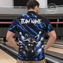 Load image into Gallery viewer, Back view of man wearing a blue neon lightning raccoon bowling quarter zip shirt in a bowling alley.