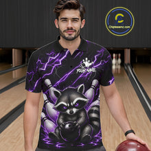 Load image into Gallery viewer, Man wearing a purple neon lightning raccoon bowling polo shirt at a bowling alley front view.
